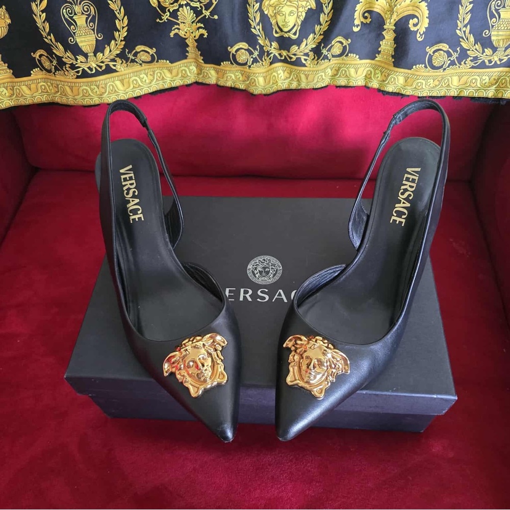 Versace Black Slingback Heels with Gold Medusa Accent Authentic